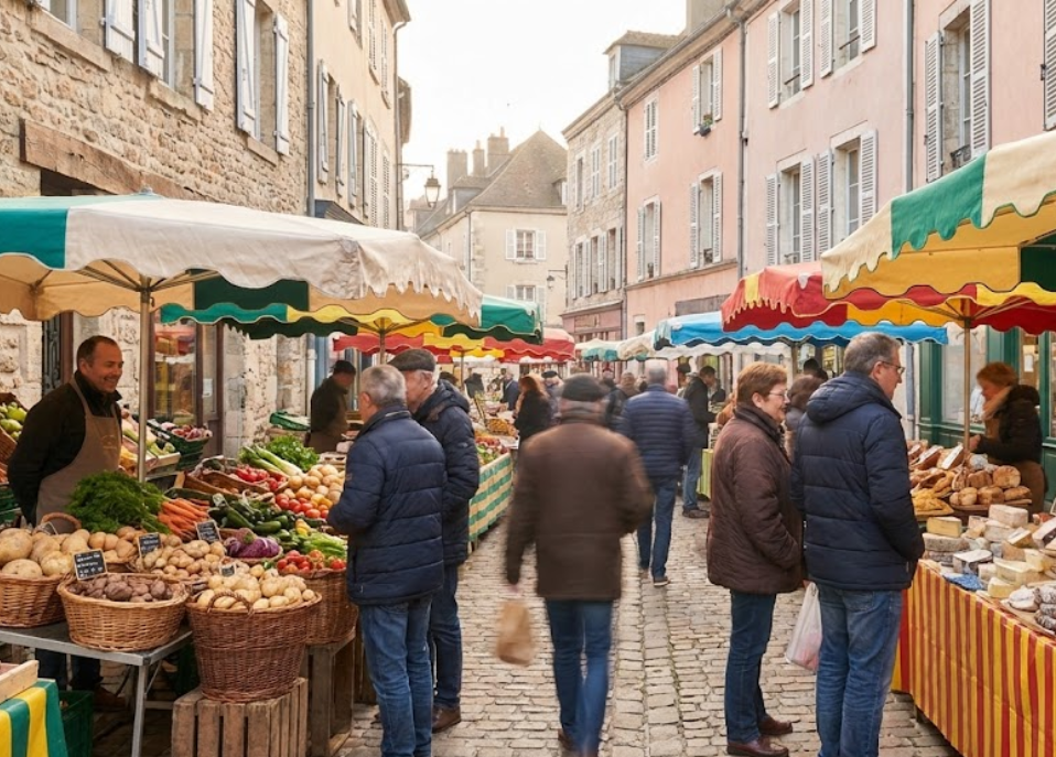 French outdoor market scene in Arpajon (Essonne)