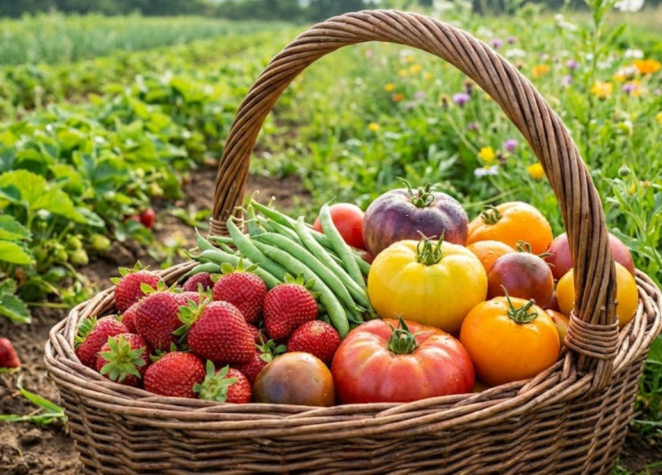 Gros plan d’un panier rempli de fruits et légumes colorés (fraises, haricots verts, tomates)