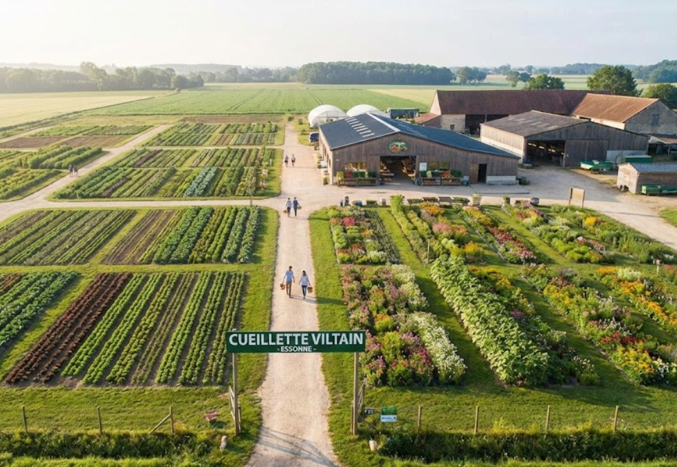 Vue aérienne d’une grande ferme avec des champs organisés pour la cueillette